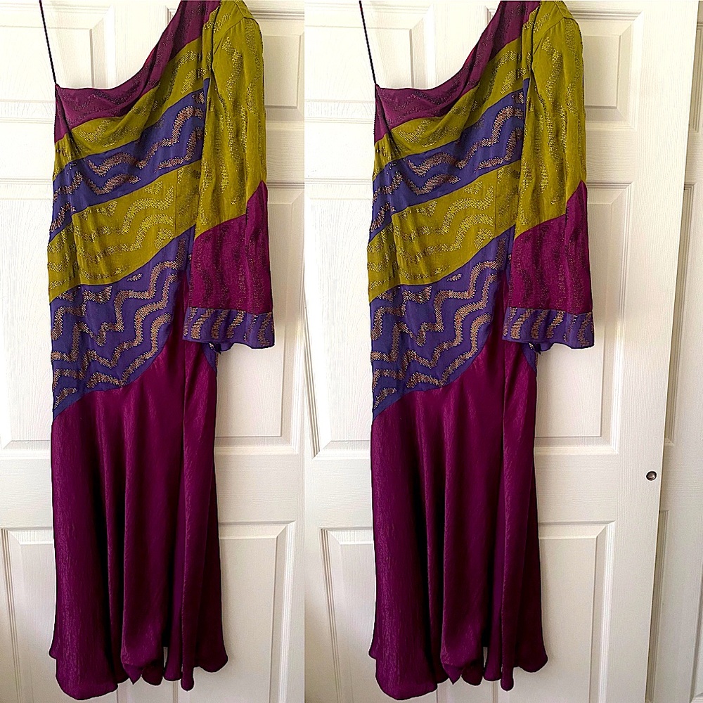 RAISA VANESSA Wave Color-block One- Shoulder Satin Gown 💜♥️💚 - Picture 5 of 9